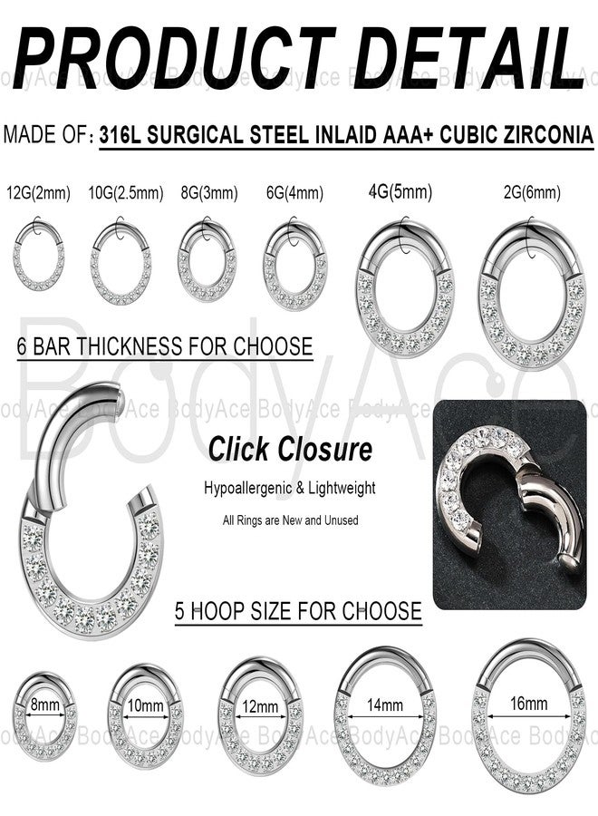 BodyAce CZ Hinged Segment Clicker PA Rings, 2G 4G 6G 8G 10G 12G Large Septum Nose Rings, Surgical Steel Spring Action BCR Ring Ear Gauges Earrings Hoops [4G(5mm),Hoops:12mm] - Image 2